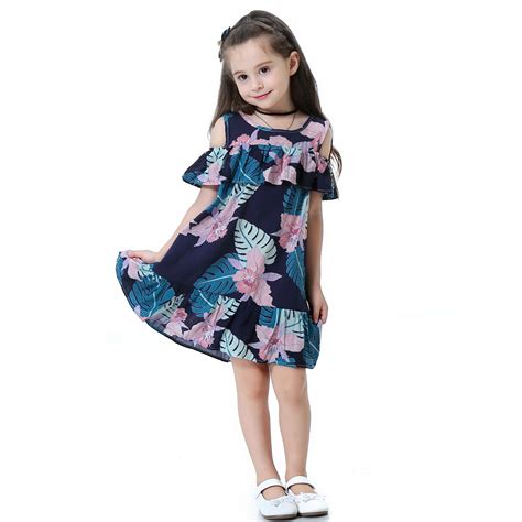 Summer Dresses For Girls Holiday Childrens Dress Print Leaf Off