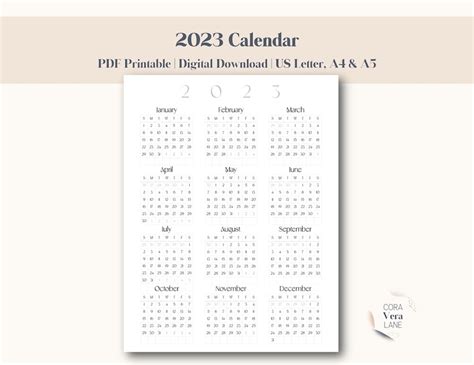 Printable Calendar 2023 Minimal Calendar Pdf 2023 Desk Etsy