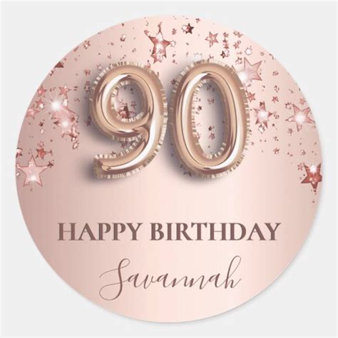 90th Birthday Rose Gold Pink Stars Balloon Font Classic Round Sticker