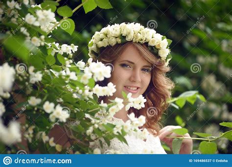 Girl Next To A Flowering Tree Brunette Freshness Stock Image Image