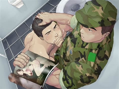 Rule 34 2boys Against Wall Army Ass Bara Bathroom Blush Brown Hair Camouflage Clothed Male