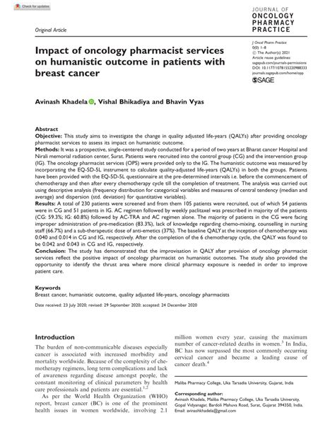 Pdf Impact Of Oncology Pharmacist Services On Humanistic Outcome In