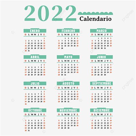Calendario Verde Español 2022 Png 2022 Calendario Calendario 2022