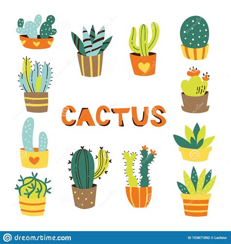 Set Of Hand Drawn Cactuses And Succulents In Pots Stock Vector