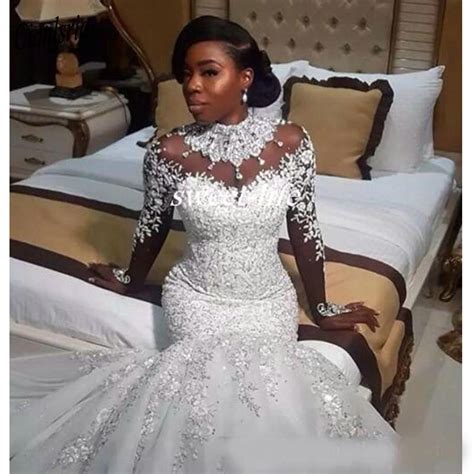 Luxury African White Mermaid Wedding Dresses Arabic Plus Size Lace Bridal Gowns Pearls Long