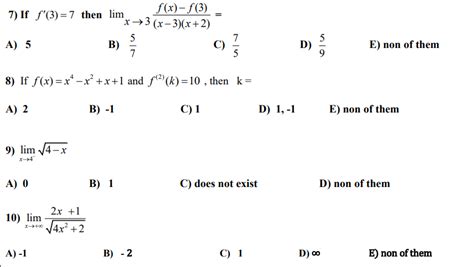 Solved f(x)-f(3) 7) If f'(3)=7 then lim x →3 (x-3)(x+2) 5 A) | Chegg.com