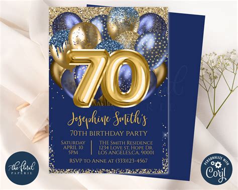 70th Birthday Invitation Template Navy Blue And Gold Etsy