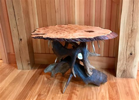 Cedar Burl Table with Real Moose Antler Base - Mad River Antler