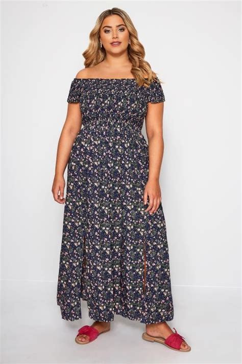 Navy And Pink Ditsy Floral Shirred Maxi Dress Sizes 16 36 Yours Clothing