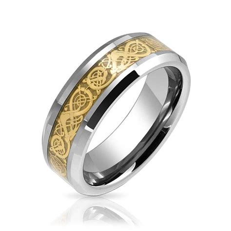 Tungsten Celtic Dragon Inlay Flat Comfort Fit Wedding Band For Mens Wedding Bands With Engraving 