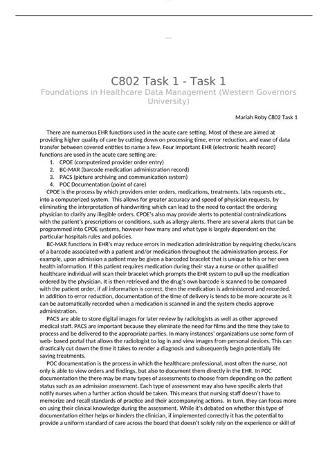 C802 Task 1 Task 1 Foundations In Healthcare Data Management Western