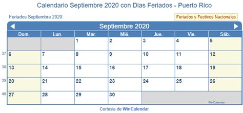 Calendario Septiembre 2020 Para Imprimir Puerto Rico