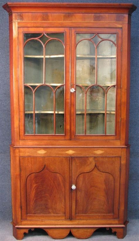 Victorian Tall Inlaid Mahogany Glazed 2 Door Corner Cabinet On Cupboard