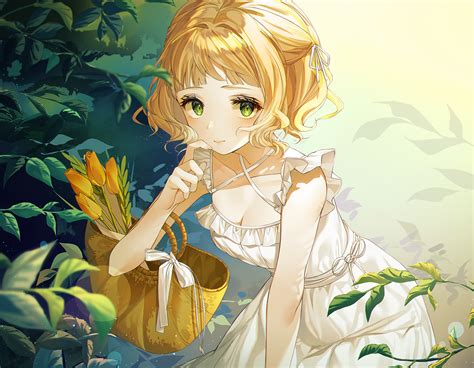 Anime Anime Girls Blonde Flowers Plants Green Eyes Dress Hd Wallpaper