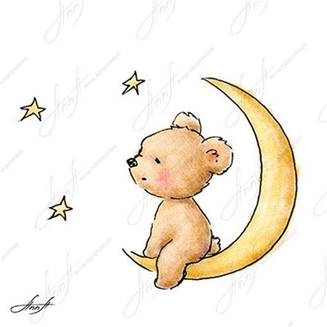 The Drawing Of Cute Teddy Bear Sitting On The Moon And Etsy In 2021