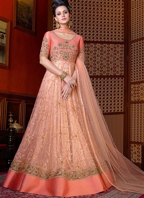 Light Peachy Pink Embroidered Net Anarkali Suit Bridal Anarkali Suits
