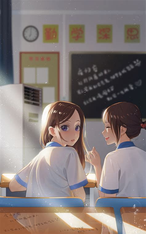 Chinese Commentary Highres Girls O Blurry Blurry Background Brown Hair Chalkboard