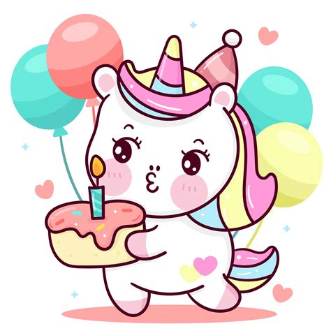 Cute Unicorn Cartoon Holding Birthday Cake With Balloon Kawaii Animal