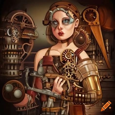 Steampunk Illustration Of A Girl With Mechanical Elements On Craiyon
