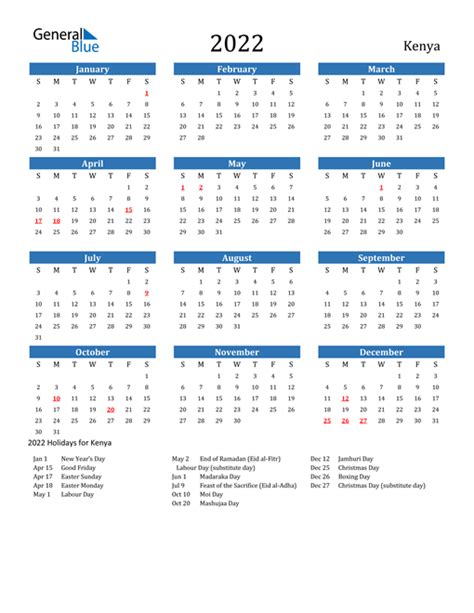 2022 Calendar Kenya With Holidays