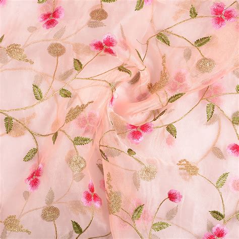 Buy Peach Organza Fabric With Pink And Green Floral Embroidery 50072