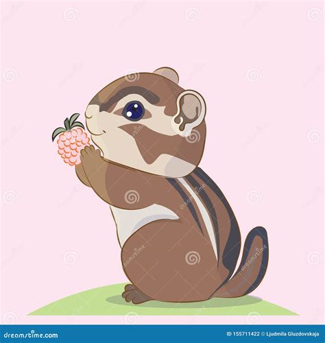 Cute Cartoon Little Chipmunk Keeps Berries Blackberries In The Legs