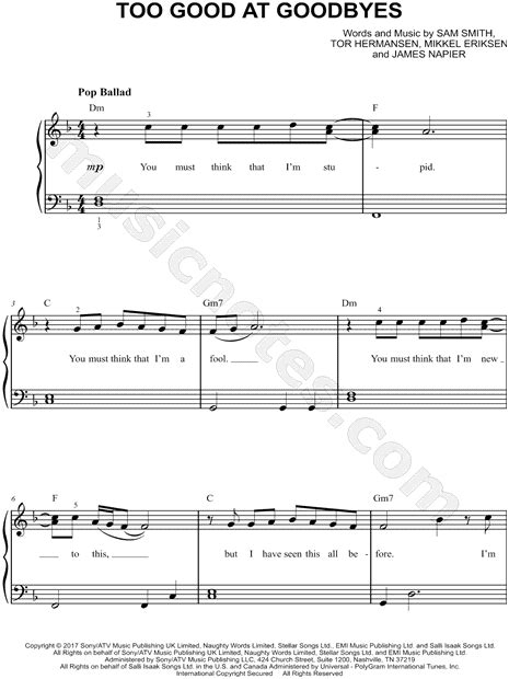 Sam Smith Too Good At Goodbyes Sheet Music Easy Piano In D Minor Download And Print Sku