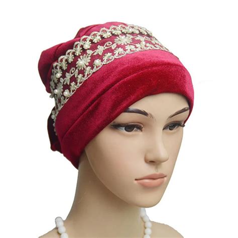 Women Plain Turban Hijab Cap Lace Pearl Arab Hair Wrap Headband India