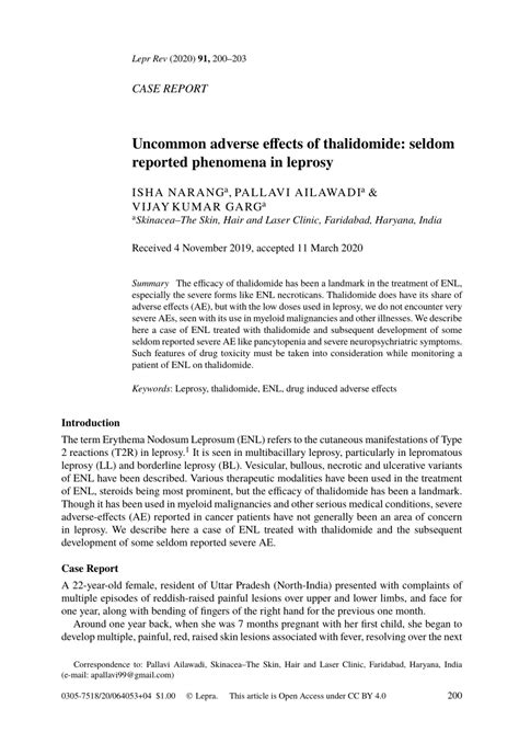 Pdf Uncommon Adverse Effects Of Thalidomide Seldom Reported