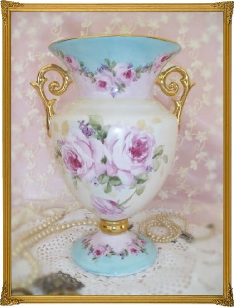 Cottage Romantic Shabby Vintage Chic Porcelain Urn Vase With Pink Roses Pink Roses Shabby