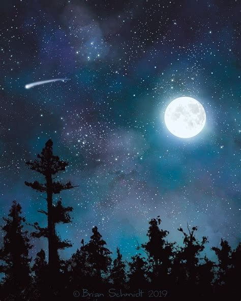 Moon Art Print Night Sky Illustration Moon And Trees Etsy Cielos