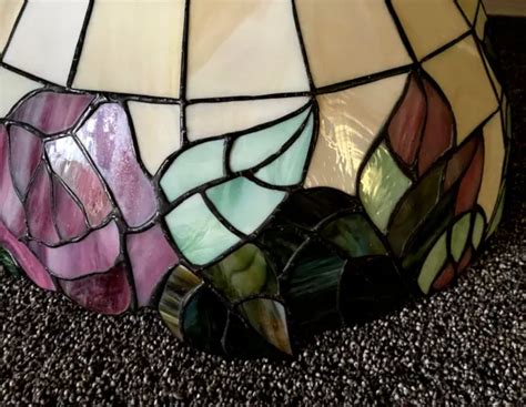 Vintage Leaded Stained Slag Glass Tiffany Style Hanging Swag Lamp Rose