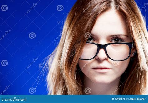 Closeup Strict Young Woman With Nerd Glasses Stock Photo Image Of