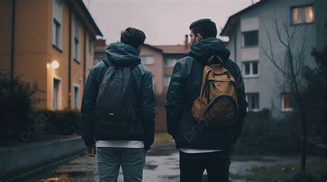 Two Guys In Backpacks Walk Across The Road Background Picture Back