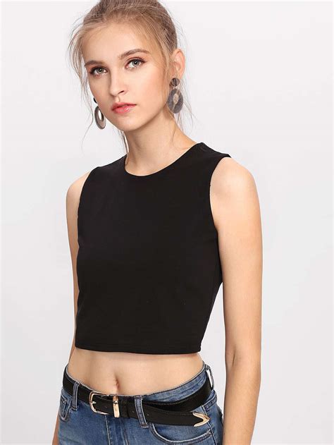 Eyelet Lace Up Back Crop Tank Top Sheinsheinside