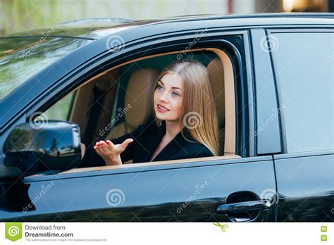 Girl Drive Car And Look From Window Stock Image Image Of Insurance