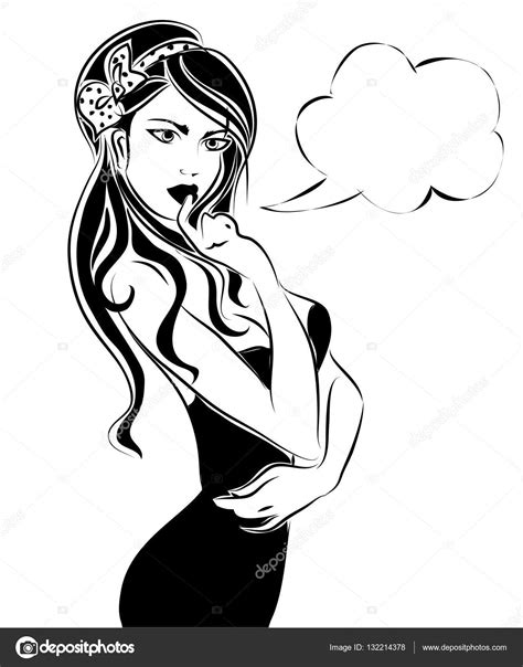Sexy Pin Up Woman Black And White Vector Silhouette With Speech Bubble