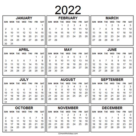 Calendar 2022 Archives 12 Month Holidays Calendar Template