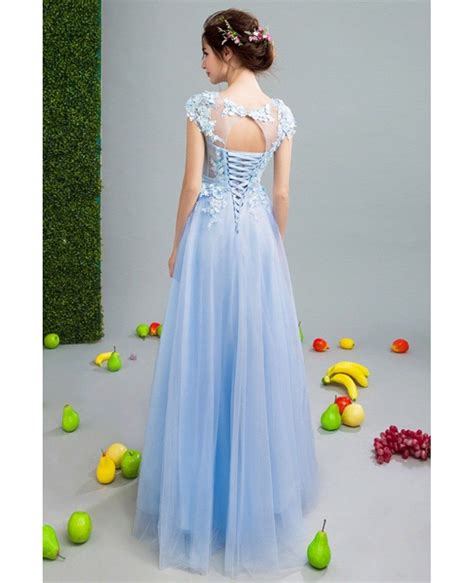Gorgeous Sky Blue Tulle Prom Dress With Flower Lace Bodice Wholesale