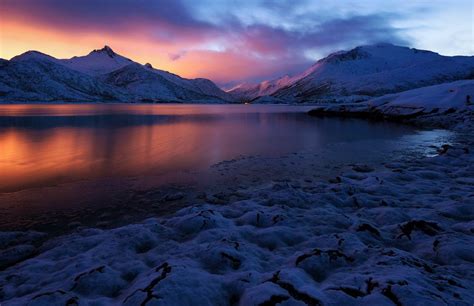 Lofoten Landscape Sunset Clouds Sky Mountains Snowy Mountain