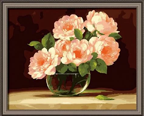Pink Rose Bushes In Vase Flower Diy Oil Painting By Number Kit Picture