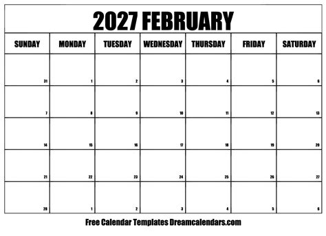 Norsk kalender 2027 med helligdager, ukenummer, tidligere kalendere og kommende år. February 2027 calendar | free blank printable templates