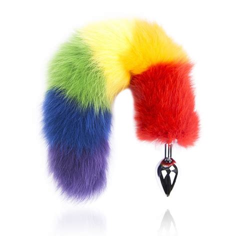 High Quality Sex Flirt Fun Adult Sex Toys Role Play Rainbow Teasing Real Feather Metal Plug Fox