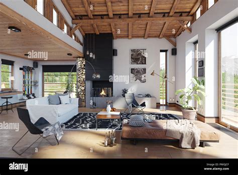 Modern Chalet Interior 3d Rendering Design Concept Stock Photo Alamy