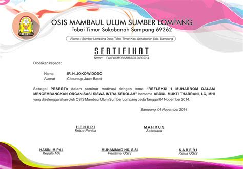 0%0% found this document useful, mark this document as useful. Contoh Sertifikat Seminar | LPI Mambaul Ulum Sumber Lompang