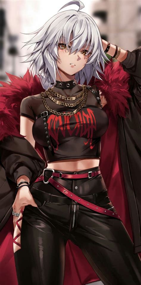 An Anime Character With White Hair And Black Pants Wearing Red