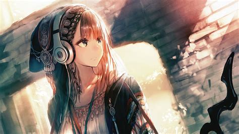 Anime Girl Headphones Looking Away Anime Girl Brown Hair Blonde Anime