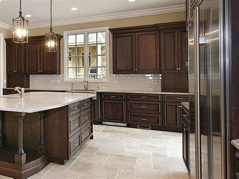 Stained Cabinets White Tile Floors Brown Kitchen Cabinets Dark