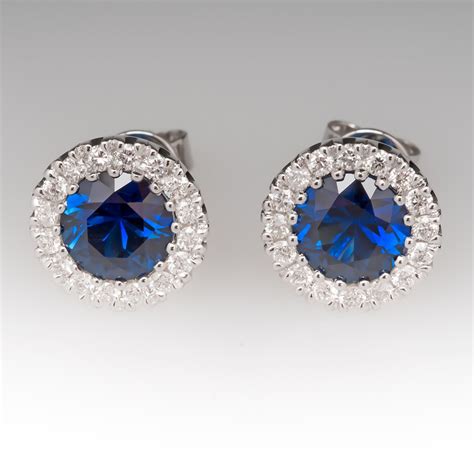 Electric Blue Sapphire Diamond Halo Stud Earrings 14K