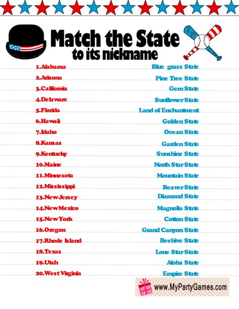 Free Printable Match The State To Its Nickname Game